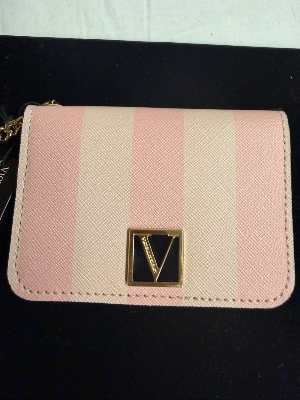 Victoria’s Secret Striped Pink Cream Compact Crossbody Wallet with Gold Accent
